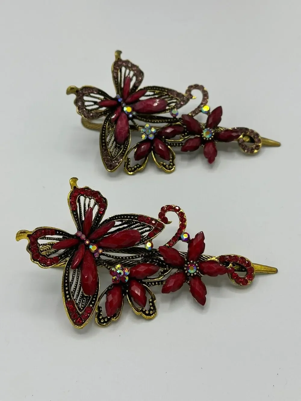 Set Of Two Red Butterfly Victorian Theme Hair Clips With Stones - Faceted Stones